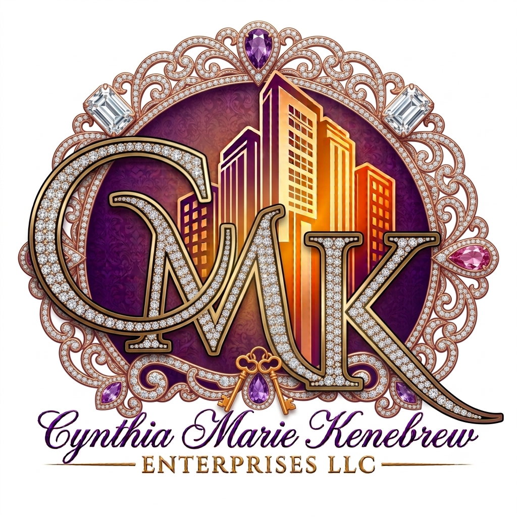 Cynthia Marie Kenebrew Enterprises LLC logo, jeweled CMK initials and city skyline in plum and gold