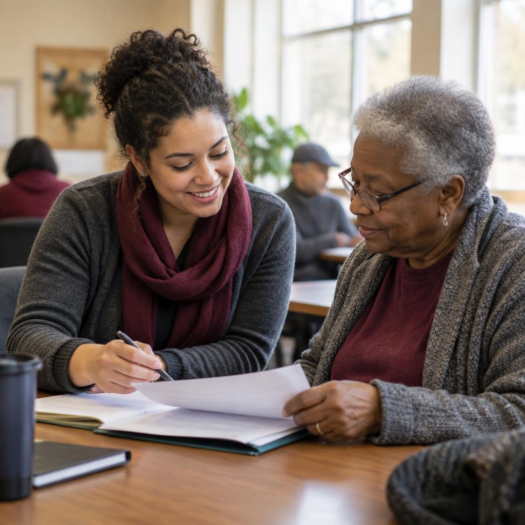 A volunteer helping an older adult review paperwork