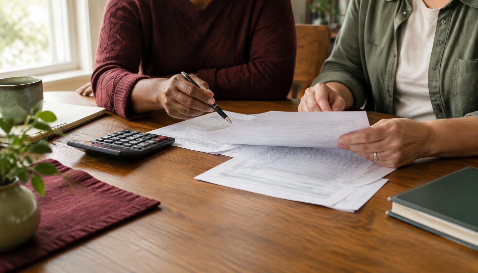 Two people reviewing paperwork together at a desk